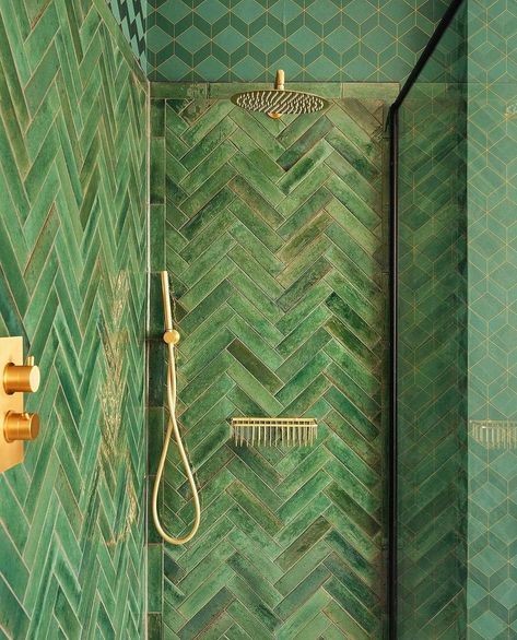 G O G R E E N 💚💚 Bring the outdoors in with tones from nature to elevate your mood 💫💫 Our Hoxton Bottle Green is a true classic… | Instagram Green Tile Ensuite, Green Herringbone Tile Bathroom, Green Herringbone Bathroom Tiles, Green Herringbone Tile, Bathroom Herringbone Tile, White Herringbone Wall, Ensuite Green Tiles, Hoxton Bottle Green Tiles, Tile Bathroom Ideas