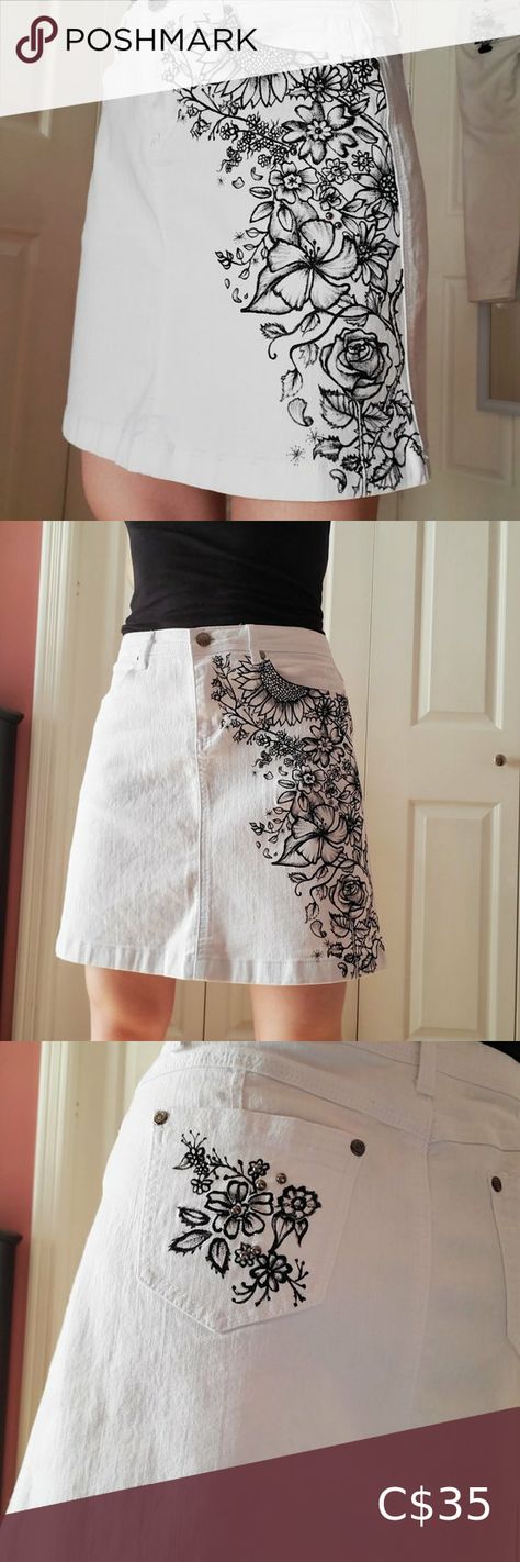 Flower embroidery & paint white denim mini skirt Denim Skirt Painting Ideas, White Jeans Painting Ideas, White Skirt Ideas, Personalized Jeans, Painted Denim Skirt, Denim Painting, Painted Wildflowers, Paint Clothes, Denim Paint