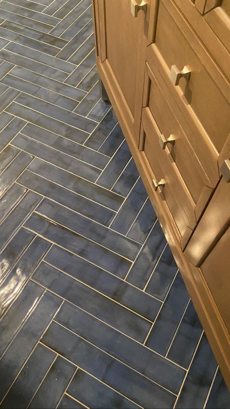 Double Herringbone Floor, Blue Tile Floor Bathroom, Blue Herringbone Tile Bathroom, Double Herringbone Tile, Kitchen Dado, Foyer Tile Ideas, Subway Tile Herringbone, Blue Herringbone Tile, Playroom Bathroom