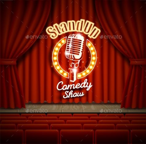 Comedy Show Theater Scene with Red Curtains Vector Comedy Bar, Home Theater Curtains, Theatre Illustration, Theater Scene, Comedy Tragedy Masks, Coffee Project, Dinner Theater, Curtains Vector, Night Decor