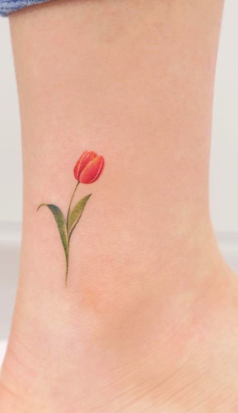 Colorful Tulip Tattoo, Color Tulip Tattoo, Tulip Small Tattoo, Orange Tulip Tattoo, Tulip Sternum Tattoo, Minimalist Tattoo Colored, Yellow Tulip Tattoo, Pink Tulip Tattoo, Red Tulip Tattoo