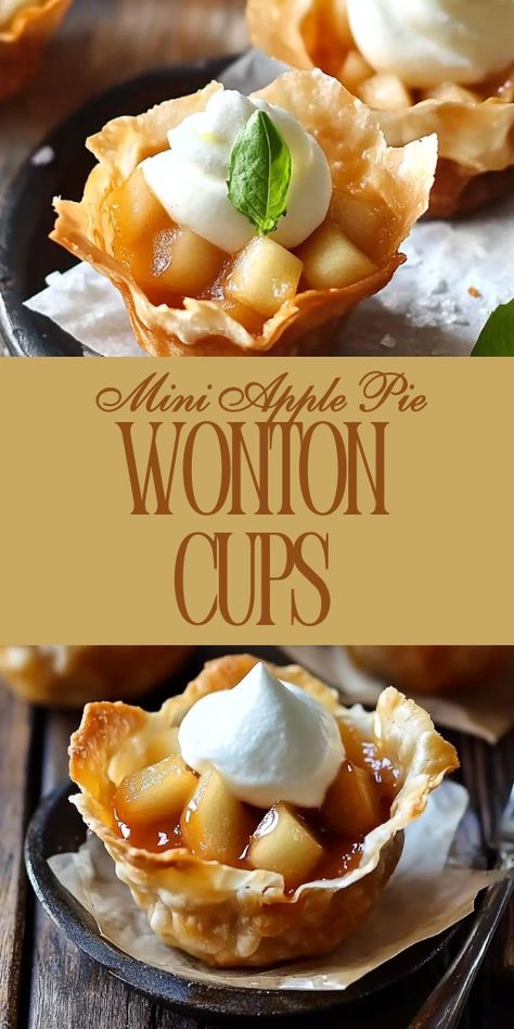 These Mini Apple Pie Wonton Cups bring the classic flavors of apple pie into a crispy, bite-sized treat! 🍏🥧 Made with wonton wrappers and a spiced apple filling, these mini pies are perfect for parties, snacks, or an easy dessert. They’re fun to make and even more fun to eat!  📌 Save this pin to bake crispy and delicious mini apple pie wonton cups for your next dessert! #MiniApplePies #WontonCups #ApplePieRecipes #BiteSizedTreats #EasyDesserts #FallBaking Wonton Wrapper Desserts, Apple Wontons With Caramel Dipping Sauce, Apple Pie Wontons Baked, Mini Apple Pie Cups, Apple Pie Wantons, Wonton Dessert Recipes Baked, Desserts Using Wonton Wrappers, Easy Apple Pie Bites, Wonton Apple Pies