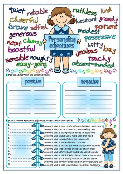 Adjectives To Describe Personality, Adjectives Exercises, Adjectives Grammar, Personality Adjectives, Character Trait Worksheets, Adjective Worksheet, Kindergarten Skills, English Activities, Vocabulary Worksheets