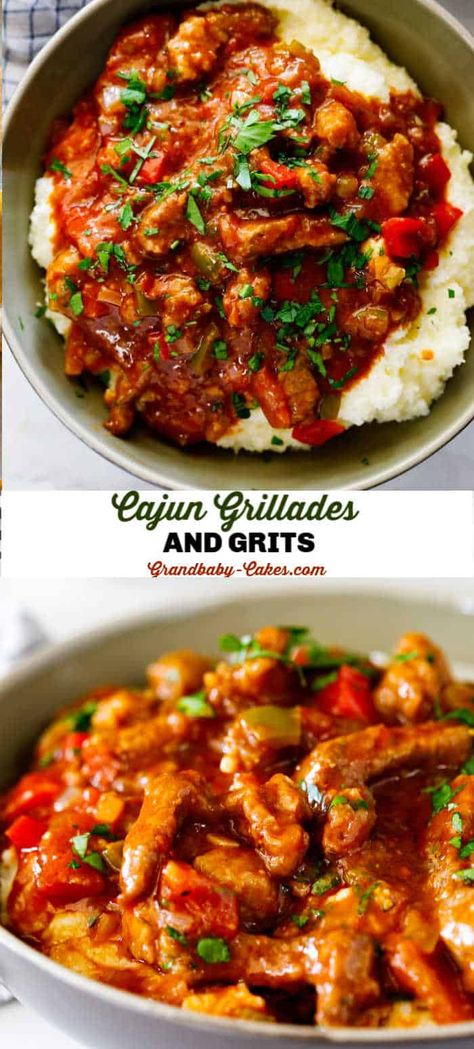 New Orleans Cajun Beef And Grits, Cajun Style Recipes, Cajun Supper Ideas, Traditional Cajun Dishes, Cajun Beef Recipes, Beef And Grits Recipe, Grits And Grillades New Orleans, Recipes With Grits Meals, Chicken And Grits Recipes Dinners