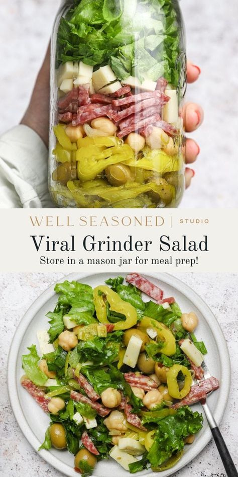 Tiktok Grinder, Grinder Salad, Salad Jar Recipe, Salad Recipes Lunch, Mason Jar Salad Recipes, Basil Vinaigrette, Lunch Salad, Mason Jar Salad, Salad Pasta