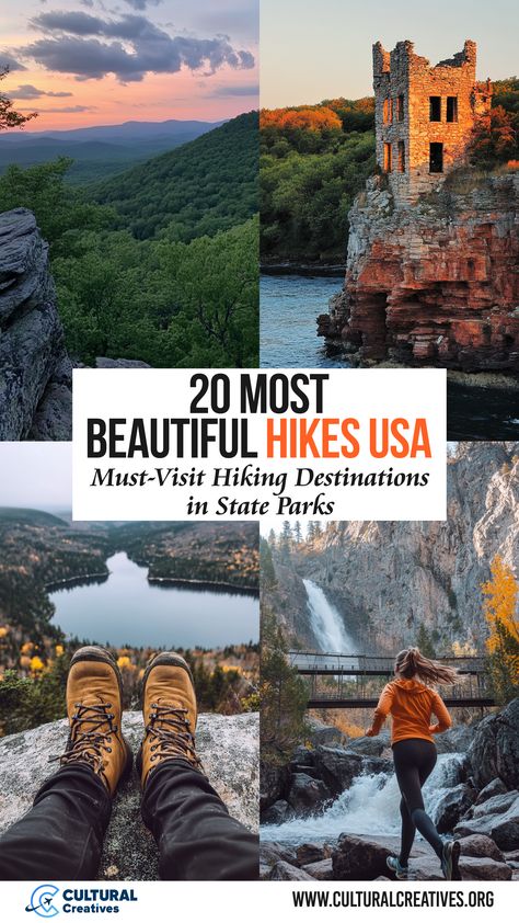 Collage featuring scenic mountain views, a historic stone tower, hiking boots overlooking a lake, and a waterfall trail, showcasing 20 Most Beautiful Hikes USA: Must-Visit Hiking Destinations in State Parks. State Parks Usa, Hiking Usa, Hiking Places, Cascade Waterfall, Hiking Spots, Beautiful Hikes, Waterfall Hikes, Hiking Destinations, Alpine Lake