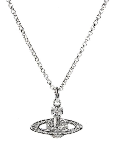 The Vivienne Westwood Women’s Mini Bas Relief Pendant Necklace in Silver offers a delicate mini Bas relief Pendent. This unique pendent necklace features the signature orb icon in silver, detailed with a complex, white cubic zirconia crystal encrusted design. The pendent hangs elegantly from a silver plated chain that can be adjusted to different lengths. Style this necklace for both a casual and smart occasion, adding an eye-catching piece to your outfit. Vivienne Westwood Mini Bas Relief Necklace, Mini Bas Relief Pendant Necklace, Vivienne Westwood Pendant Necklace, Westwood Vivienne Necklace, Silver Necklace Vivienne Westwood, Vivienne Westwood Chain Necklace, Vivienne Westwood Pieces, Vivienne Westwood Necklace Png, Viven Westwood Necklace