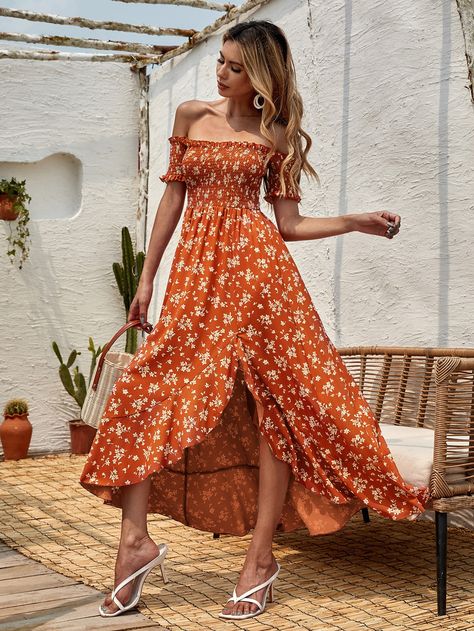 Burnt Orange Boho  Short Sleeve Polyester Ditsy Floral A Line  Non-Stretch Spring/Summer Women Dresses Off The Shoulder Sundress, Stella Outfits, Orange Boho Dress, Orange Flower Dress, Orange Summer Dress, Orange Dress Summer, Mode Dress, Wedding Dress Code, Orange Floral Dress