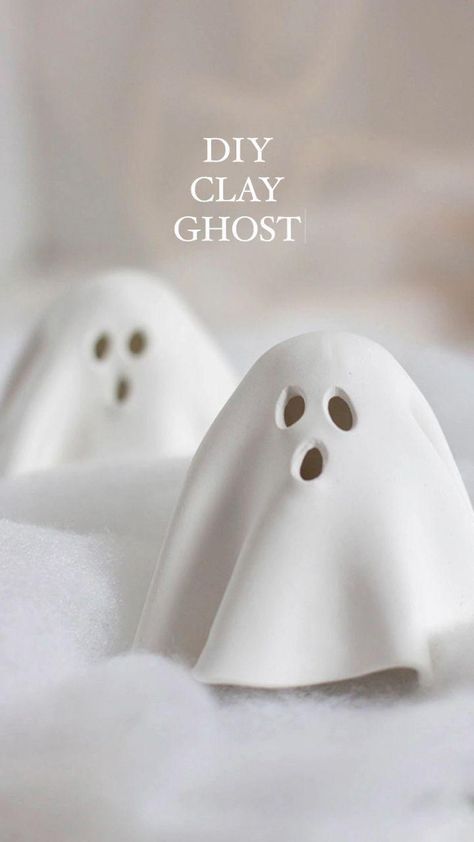 Ceramic Ghost Tea Light, Ceramic Ghost Diy, Ghost Tea Light Diy, Diy Ghost Figurine, Hot Glue Ghost, Air Dry Clay Pumpkin Diy Easy, Diy Ghost Candle Holder, Clay Ghost Tealights, Clay Decorations Diy