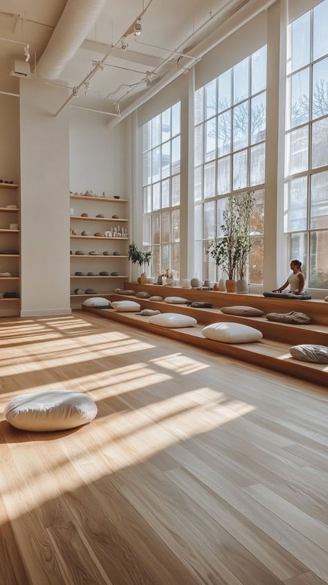 Meditation Centre Design Concept, Therapist Room Design, Wellness Retreat Aesthetic, Meditation Space Architecture, Meditation Architecture, Small Meditation Space, Yoga Studio Aesthetic, Human Design Environment, Modern Yoga Studio