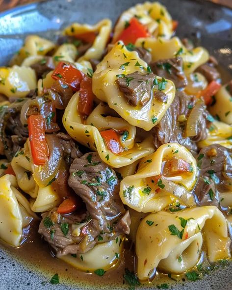 Indulge in the ultimate comfort food with our Cheesesteak Tortellini recipe, featuring rich provolone sauce and tender beef steak. Tortellini Cheesesteak, Steak And Tortellini Recipes, Recipes With Tortellini, Steak Tortellini, Steak Pasta Recipes, Cheesesteak Tortellini, Optimal Recipes, Tortellini Casserole, Tortellini Recipe