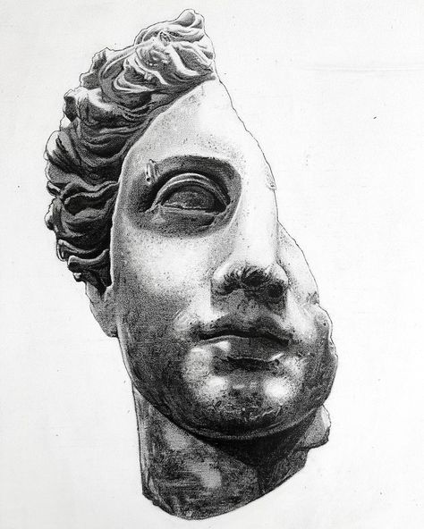 Greek Statue Head Drawing, Athena Statue Drawing, Portrait Style Tattoo, Statue Bust Tattoo, Greek Face Drawing, Conqueror Tattoo, Statue Head Drawing, Greek Sculpture Tattoo Design, Greek Head Tattoo