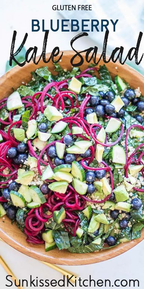 A delicious blueberry kale salad perfect for spring and summer! This healthy blueberry salad combines nutritious kale with avocado, spiralized beets, quinoa, blueberries, and avocado, with a tangy basil vinaigrette. | SUNKISSEDKITCHEN.COM | #SunkissedKitchen #blueberries #kale #quinoa #beets #summersalad #blueberrysalad #kalesalad #healthysalad Kale Salad With Blueberries, Spiralized Beet Salad, Healthy Slaw Salad, Beet And Blueberry Salad, Kale Salad With Beets, Spinach Kale Salad Recipes, Kale Blueberry Salad, Spring Kale Salad, Kale Beet Salad