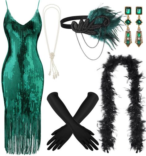 PRICES MAY VARY. Flapper Dresses and Accessories: you will receive 1 piece of malachite green dress for women, 1 pair of earrings, 1 piece of pearl necklace, 1 piece of headwear, 1 piece of black feather boa, 1 pair of gloves, and 1 piece of plastic stick, nice combination for you to wear, you can wear them in suit or separately Delicate 1920s Costume: the malachite green dress for women have plenty of sequins on the surface, which will shine under light, make you look more charming and attracti Harlem Nights Theme Dress, Fitted Flapper Dress For Costume Party And Holiday, Holiday Sequin Flapper Dress For Costume Party, Harlem Nights Theme Party Outfit, 1920s Fashion Women Gatsby, Costume Party Flapper Dress With Fringe, 1920s Gatsby Outfit, 1920s Couple Costume, The Great Gatsby Outfit Ideas