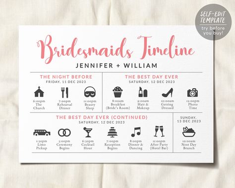 "Editable Wedding Day Timeline Bridesmaids Itinerary Template THIS IS A TEMPLATE WHICH YOU CAN EDIT ON YOUR BROWSER- NO PHYSICAL PRODUCT WILL BE SHIPPED ❤️ EDITABLE TEMPLATE - 5x7\" & 5.5x8.5\" sizes included - Edit immediately right from your browser - Personalize most text, fonts, & colors - Change size, placement, or delete elements completely - Upload your own logo or image ------------------------------------ ⭐️➡️ TRY THIS TEMPLATE BEFORE BUYING ⬅️⭐️ Copy + Paste this DEMO link into your br Party Agenda, Wedding Agenda, Weekend Schedule, Wedding Day Itinerary, Agenda Printable, Wedding Weekend Itinerary, Brides Room, Order Of Events, Itinerary Template