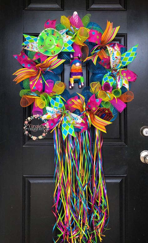 Cinco De Mayo Wreath, Mexico Door Decorations, Fiesta Wreath, Fiesta San Antonio Decorations, Fiesta Wreaths For Front Door, Fiesta Wreath Diy San Antonio, Mardi Gras Wreath Dyi, Birthday Wreath, Tin Ornaments