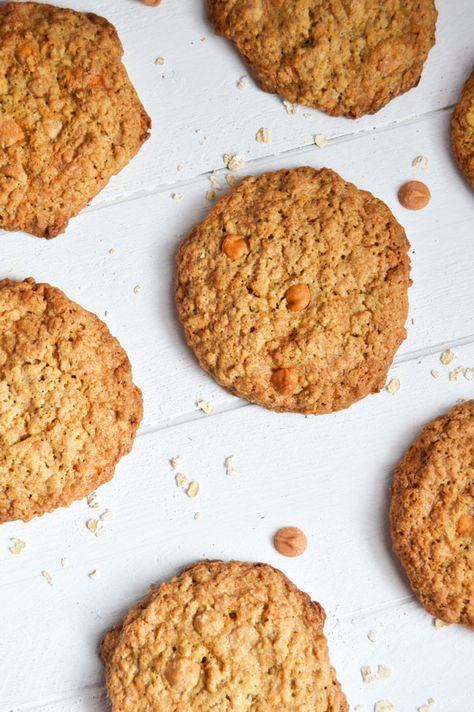 Crispy crunchy oatmeal cookies are peppered with butterscotch chips and the size of your hand! You won't want to share these jumbo oatmeal cookies with anyone! Crunchy Oatmeal Cookies, Butterscotch Oatmeal Cookies, Butterscotch Oatmeal, Crunchy Oatmeal, Oatmeal Butterscotch, Oatmeal Butterscotch Cookies, Butterscotch Cookies, Oatmeal Cookies Chewy, Nice Recipes