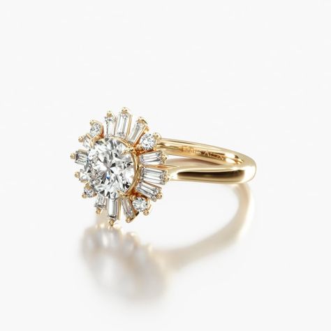 Vintage Starburst Ring, Ballerina Engagement Ring, Yellow Gold Engagement Ring Set, Baguette Halo, Ballerina Ring, Vintage Inspired Engagement Rings, Baguette Engagement Ring, 2025 Wedding, Round Diamond Setting