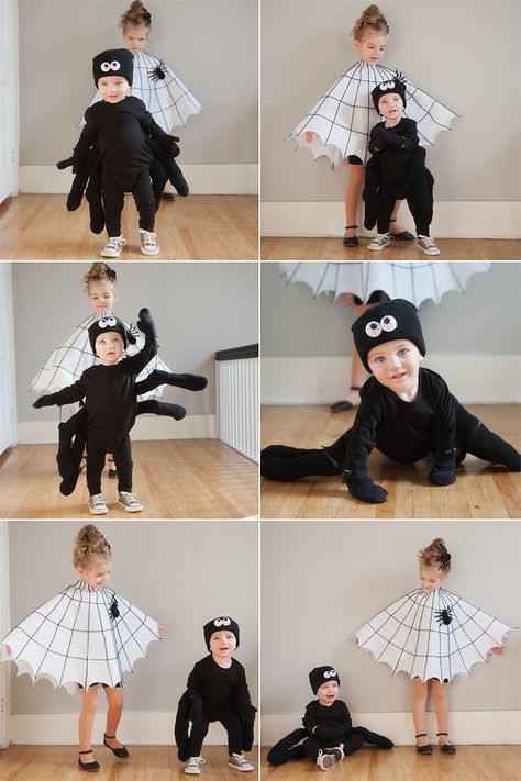 DIY Spider and Spider Web Kids Halloween Costume Ideas Spider And Spider Web Costume, Toddler Spider Costume Diy, Halloween Siblings Costumes, Spider And Fly Costume, Infant Spider Costume, Charlotte’s Web Costume Diy, Spider And Web Costume, Black Spider Costume, Diy Spider Web Costume