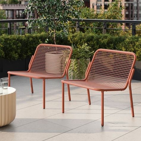 Outdoor Chairs & Outdoor Ottomans | West Elm Outdoor Landscaping Ideas Backyard, Retro Patio Furniture, Mid Century Outdoor, Art Deco Garden, Huge Garden, Stainless Steel Chair, Balcony Chairs, Industrial Garden, Metal Outdoor Furniture