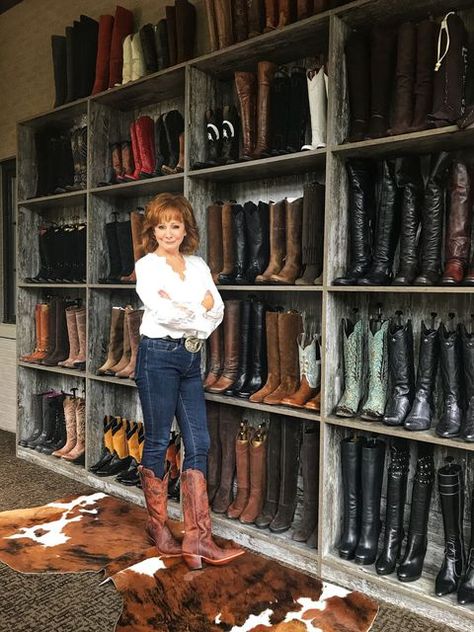 Reba McEntire Boot Closet - Reba McEntire Justin Boots Line Cowboy Boot Storage, Boot Closet, Country Girl Boots, Western Boots Outfit, Kitchen Shelving, Cowgirl Boots Outfit, Iron Brackets, Reba Mcentire, Estilo Country