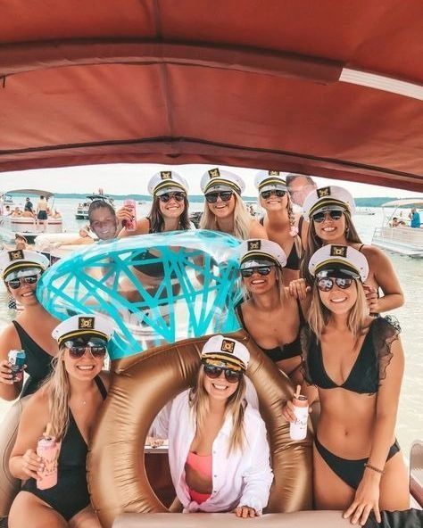 Ship Bachelorette Party, Bachlorette Party At The Lake, Party Boat Bachelorette, Bachelorette Party Themes Boat, Bachelorette Pontoon Party, Bachelorette Party Boat Ideas, Bachelorette Trip Outfit Themes, Bach Party Themes Lake, Bachelorette Boat Party Ideas