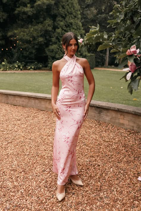 Mila Halterneck Maxi Dress - Pink Floral Pink Evening Dress Long, Floor Length Pink Dress, Garden Chic Dress, Maybe Bridesmaid Dresses, Bridesmaids Floral Dresses, Bridesmaid Summer Dresses, Light Pink Wedding Guest Dress, Mix Match Pink Bridesmaid Dresses, Floral Garden Party Dress