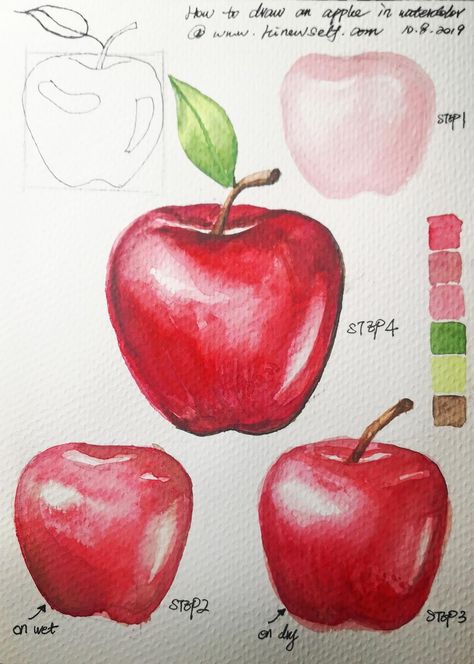 Apple Watercolor Painting Tutorial, Fruits Painting Watercolor, Easy Watercolor Fruit, Watercolor Apple Tutorial, Apple Fruit Art, How To Paint An Apple, How To Draw Apple, How To Draw An Apple, Fruits To Draw