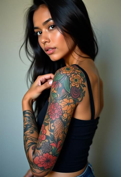 Patchwork Tattoo Ideas And Inspiration - Artful Ink Colour Tattoo Sleeve Woman, Black Woman Half Sleeve Tattoo, Chakra Sleeve Tattoo, Elegant Forearm Tattoo, Upper Arm Tattoos For Women Black, Half Color Half Black Tattoo Sleeve, Colorful Arm Sleeve Tattoo For Women, Neo Traditional Tattoo Design Black And Grey, Women Sleeve Tattoo Ideas Classy