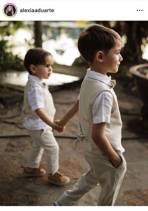 Ring Bearer Summer Wedding, Bible Bearer Outfit, Linen Ring Bearer Outfit, Ringer Bearer Outfit, Tan Ring Bearer Suit, Ring Barrier Ideas Boys, Multiple Ring Bearer Ideas, Paige Boys Outfits Wedding, Ring Bearer Outfit Tan