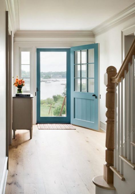 17 Popular Front Door Colors For Houses Cottage Foyer, Front Door With Screen, Front Door Ideas, Cottage Front Doors, Blue Front Door, Beautiful Front Doors, Stone Cottages, Harbor House, Front Door Entrance