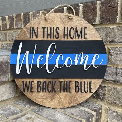 Wooden Police 'Back the Blue' Door Hanger: Law Enforcement Support Decor by RoseReidCustomCuts on Etsy Police Door Hanger, Blue Door Hanger, Police Sign, Minwax Stain, Door Signs Diy, Back The Blue, Door Wreaths Diy, Door Swag, Wood Door Hangers