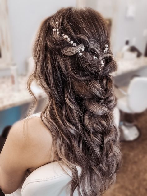 Bridesmaid Hairstyles With Braids Half Up, Half Up Half Down Wedding Braid, Half Up Half Down Bridesmaid Hair Long Braid, Half Up Half Down Braided Hairstyles Wedding, Bridal Half Up Half Down With Hair Piece And Veil, Wedding Braid Half Up Half Down, Half Up Half Down Wavy Wedding Hair, Half Up Do Bridal Hair, Braided Hairstyles For Prom Half Up