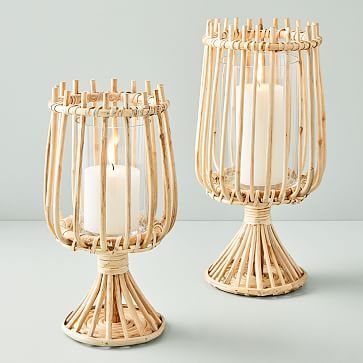 Rattan + Glass Hurricanes Cozy Candlelight, Modern Candle Holders, Bamboo Crafts, Modern Candles, Newspaper Crafts, Rattan Furniture, Diy Easter, Lantern Candle Holders, Frame Wall Decor