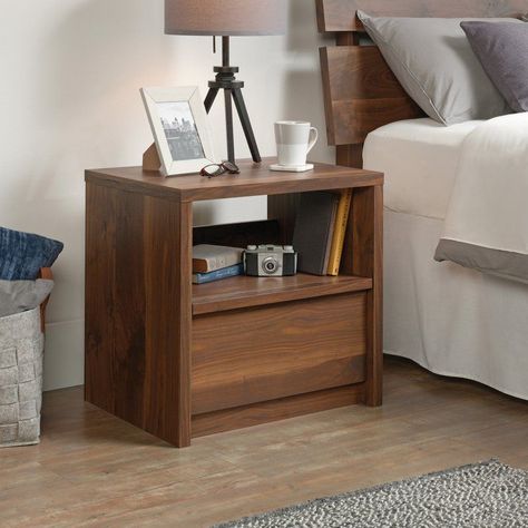 Sauder Harvey Park Nightstand - 420944, Durable Pine Nightstand, Walnut Nightstand, Прикроватные Тумбочки, Bedside Storage, Woodworking Bench, Wood Nightstand, Open Shelf, Night Stand, Walnut Finish