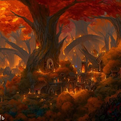 Fire Town Fantasy Art, Autumn City Fantasy Art, Tree Castle Fantasy Forests, Fire Village Fantasy Art, Elven Concept Art, Forest Town Fantasy Art, Fairy Village Illustration, Fantasy Tree Village, Tree City Fantasy Art