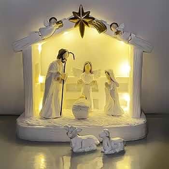 Amazon.com: TroupePal Nativity Set -Nativity Sets & Figures with Manger and Little Animals, Christmas Nativity Tabletop Scene Indoor Collectibles Figurines Decor for Xmas with LED Light, 7-Pieces : Home & Kitchen Small Nativity Set Display Ideas, 3d Nativity Scene Printable, White Nativity Set, Minimalist Nativity, Black Nativity, Nativity Scene Sets, 7 Figures, Animals Christmas, Christian Family