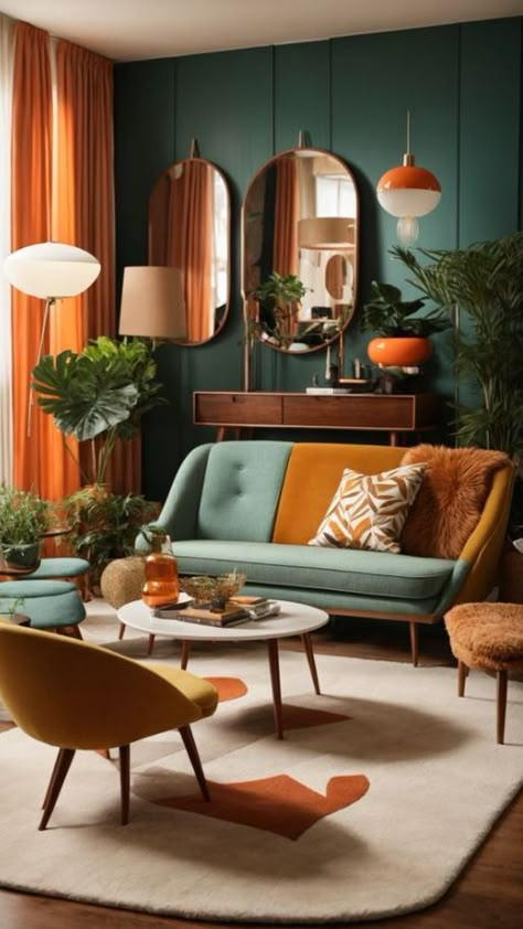 Boho 70s Living Room, Boho Meets Mid Century Modern, Living Room Inspiration Mid Century Modern, Living Room Mid Century Modern Bohemian, Mid Mod Interior Design, Retro Interior Design Living Rooms, Mcm Retro Living Room, 60s Style Living Room, Modern 70s Interior