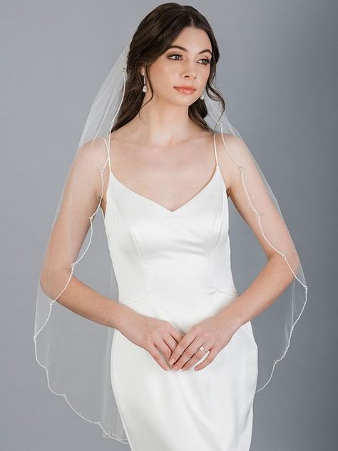 V7690 — Bel Aire Bridal Beaded Trim Veil, Veil Color, Simple Wedding Veil, Fingertip Length Veil, Beaded Veils, Fingertip Veil, Short Veil, Veil Hairstyles, Makeup Wedding