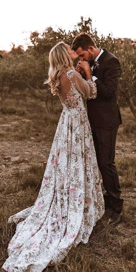 21 Floral Wedding Dresses For Magic Party ❤  floral wedding dresses a line with sleeves train rustic ayeh kphotography ❤ #weddingdresses Floral Wedding Dresses, Boho Wedding Dress With Sleeves, Bride Floral, Wedding Dress Guide, Floral Wedding Dress, Dress Guide, Traditional Bride, Traditional Wedding Dresses, Best Wedding Dresses