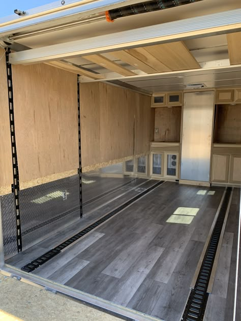 Cargo Trailer Interior Ideas, Toy Hauler Remodel Interiors, Car Hauler Camper Conversion, Diy Enclosed Trailer Storage, Enclosed Trailer Bed Ideas, Race Trailer Interior, Diy Enclosed Trailer, Enclosed Trailer Flooring Ideas, Enclosed Trailer Shelving Ideas