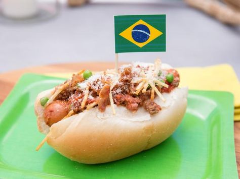 Jeff Mauro's Brazilian Hot Dog (Cachorro Quente) Brazilian Hot Dog Recipe, Brazil Food, Jeff Mauro, Brazilian Recipes, Brazilian Dishes, Ground Sirloin, Hot Dog Recipes, Brazilian Food, Frozen Peas