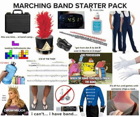 The Best Marching Band Memes — Musicnotes Now Marching Band Couples, Marching Band Aesthetic, Funny Band Jokes, Color Guard Memes, Band Tips, Weird Music, Musician Jokes, Marching Band Jokes, Andy Bernard