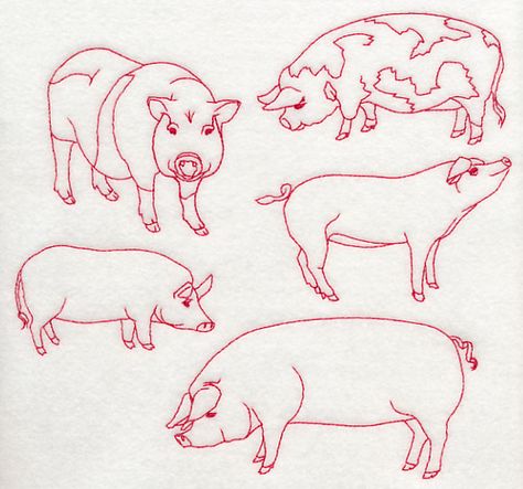 Pig Medley (Redwork) Pig Embroidery Pattern, Pig Embroidery, Pig Quilt, Grandparents Christmas, Pig Crafts, Chicken Scratch, Redwork Embroidery, Needlework Embroidery, Embroidery Library