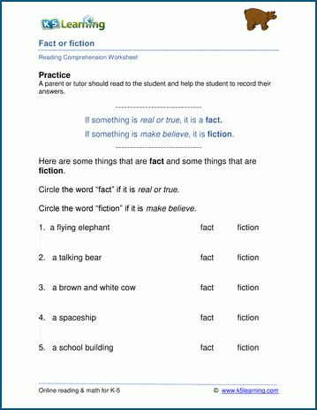 Fact vs fiction worksheets for grade 1. Students identify whether phrases or sentences are true ("real" or a "fact") or make-believe ("fantasy" or "fiction"). Free printable comprehension worksheets from K5 Learning.