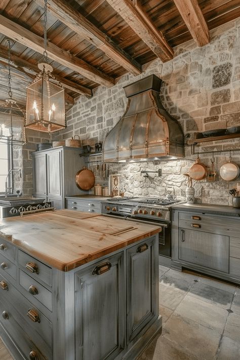 Kitchen With Stone Wall, Industrial Kitchen Ideas, Kitchen With Stone, Rustic Meets Modern, Western Kitchen, Industrial Style Kitchen, Brick Kitchen, Edgy Aesthetic, Cabin Kitchens