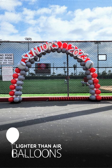 Senior Night Field Decorations Soccer, Senior Night For Soccer, Baseball Senior Night Decorations, Senior Balloon Arch, 8th Grade Night Baseball Ideas, Senior Night Decorations Soccer, Senior Day Baseball Ideas, Softball Balloon Arch, High School Baseball Senior Night Ideas