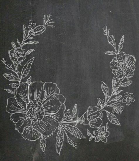 Chalk Flowers Drawing, Chalk Art Flowers, Chalk Flowers, Flowers Calligraphy, Line Drawing Flowers, Wall Drawing Ideas, Chalkboard Flowers, Chalkboard Inspiration, Chalkboard Drawings