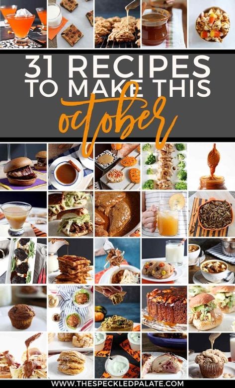 Looking for recipes to make this October? Look no farther than this Monthly Meal Plan, which includes 31 recipes to make this month! | October Meals | Fall Dinners | Sweet Pumpkin Recipes | Savory Pumpkin Recipes | Pumpkin Desserts | Halloween Party | Halloween Entertaining | Easy Entertaining | Entertaining Food | Monthly Meal Plan | #speckledpalate October Menu Plan, October Recipes Dinners, Pumpkin Recipes Savory, October Meal Plan, October Dinner, October Meals, Sweet Pumpkin Recipes, October Recipes, Meal List