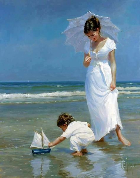 . Mother Child Photography, Vladimir Volegov, Mother Art, Painting People, Tableau Art, Russian Art, Beach Painting, Beach Art, Mother And Child